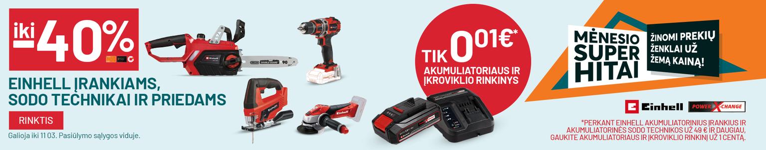 iki -40% Einhell įrankiams, sodo technikai ir priedams + PROMO