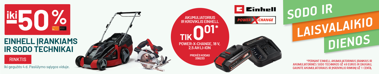 iki -50% EINHELL įrankiams ir sodo technikai