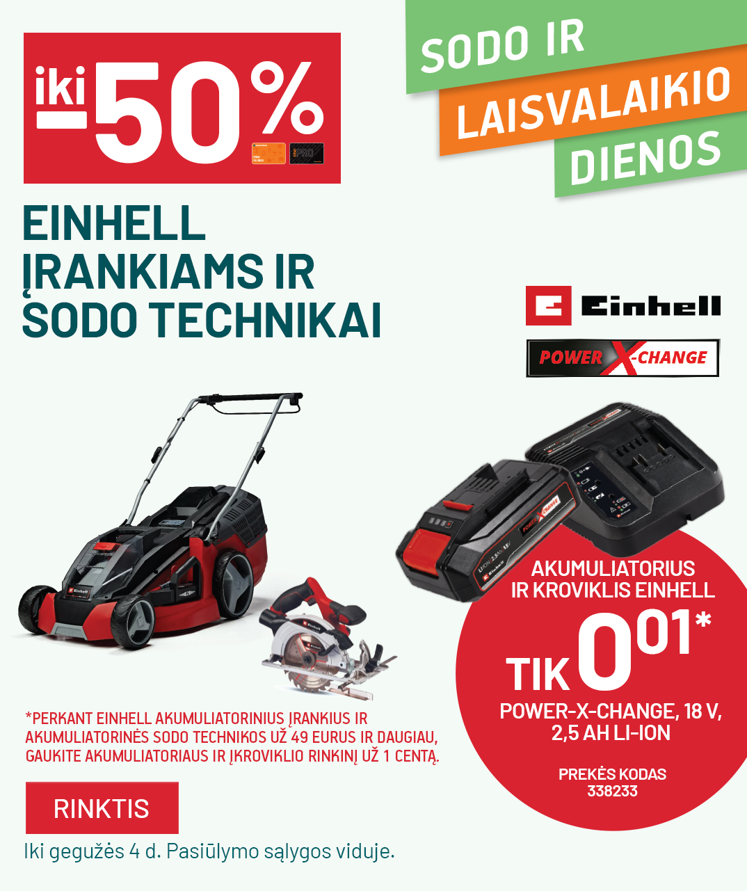 iki -50% EINHELL įrankiams ir sodo technikai