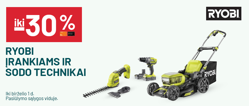 iki -30% RYOBI įrankiams ir sodo technikai