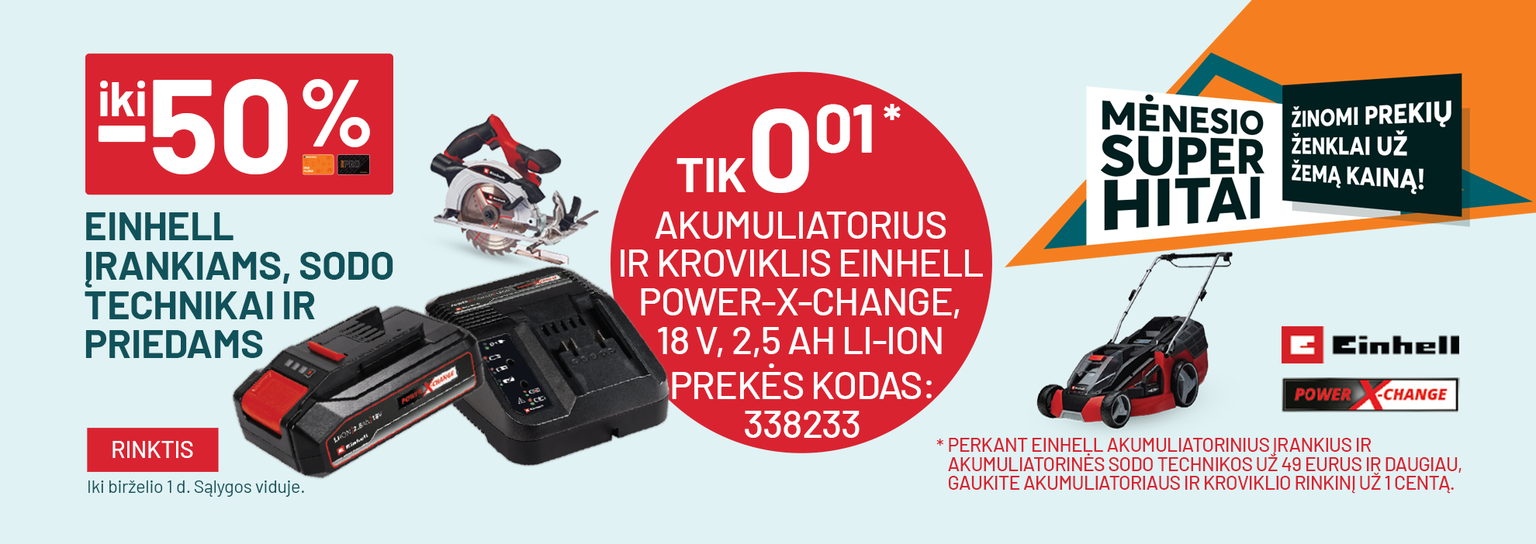 Gegužė iki -50% EINHELL įrankiams, sodo technikai ir priedams + akumu promo