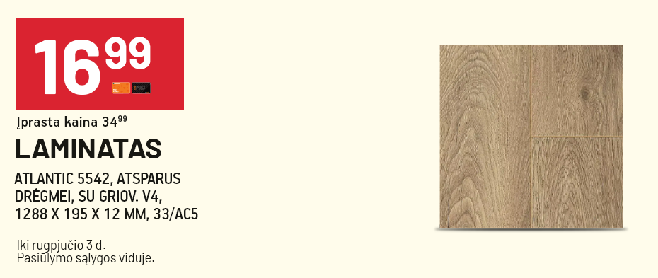 Laminatas ATLANTIC 5542, atsparus drėgmei, su griov. V4, 1288 x 195 x 12 mm, 33/AC5