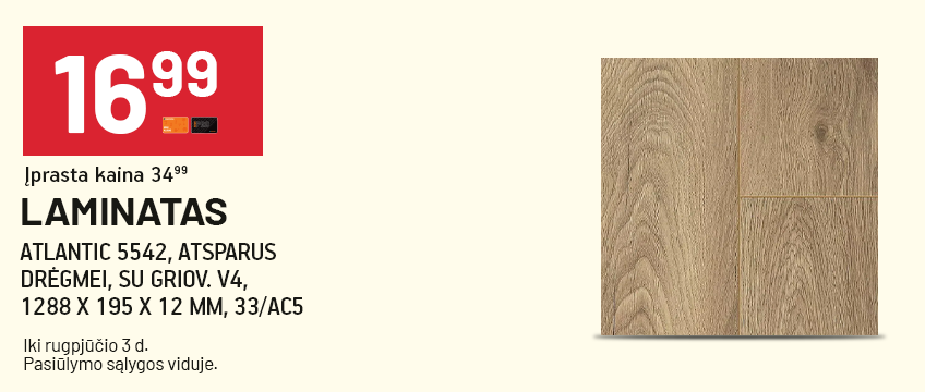 Laminatas ATLANTIC 5542, atsparus drėgmei, su griov. V4, 1288 x 195 x 12 mm, 33/AC5