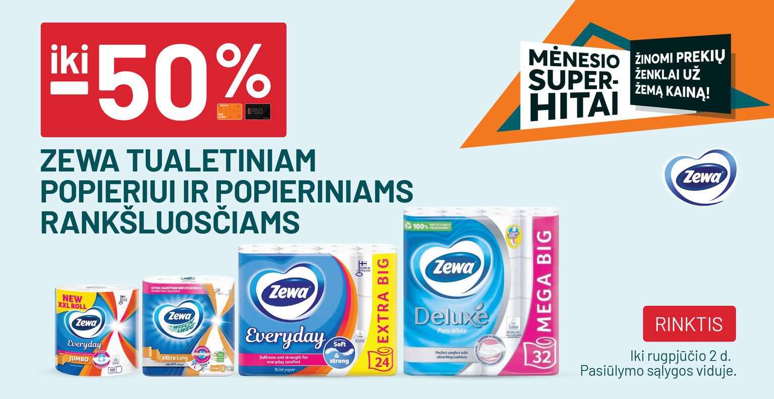 iki -50% ZEWA tualetiniam popieriui ir popieriniams rankšluosčiams