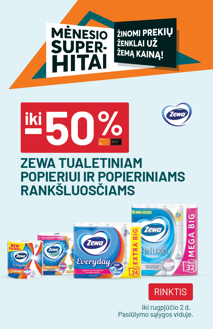 iki -50% ZEWA tualetiniam popieriui ir popieriniams rankšluosčiams