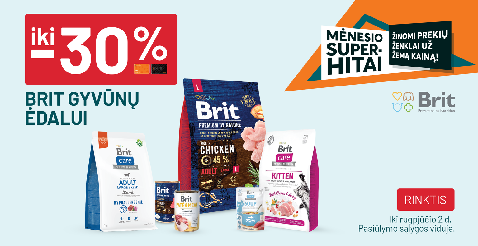 iki -30% BRIT gyvūnų ėdalui
