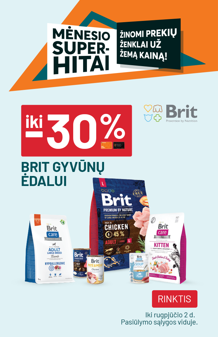 iki -30% BRIT gyvūnų ėdalui