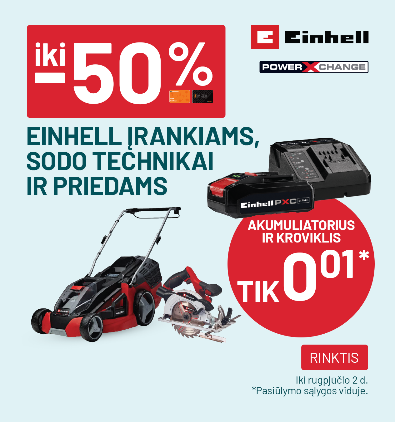 iki -50% EINHELL įrankiams, sodo technikai ir priedams