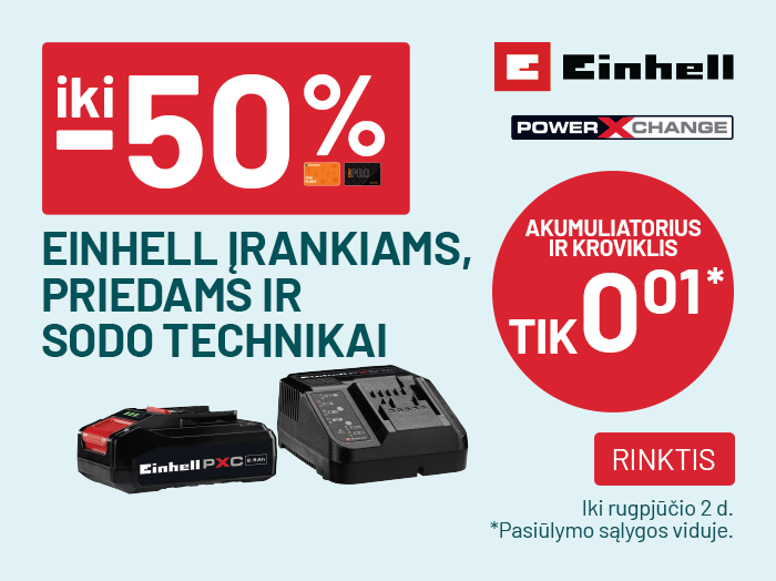 iki -50% EINHELL įrankiams, sodo technikai ir priedams