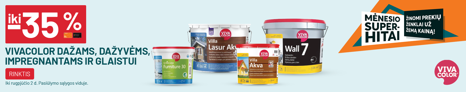 iki -35% VIVACOLOR dažams, dažyvėms, impregnantams ir glaistui