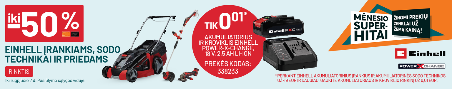 iki -50% EINHELL įrankiams, sodo technikai ir priedams