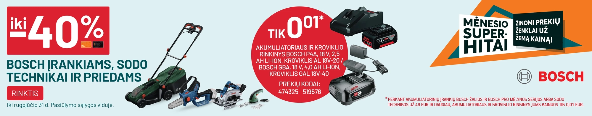 iki -40% BOSCH įrankiams, sodo technikai ir priedams + akumai