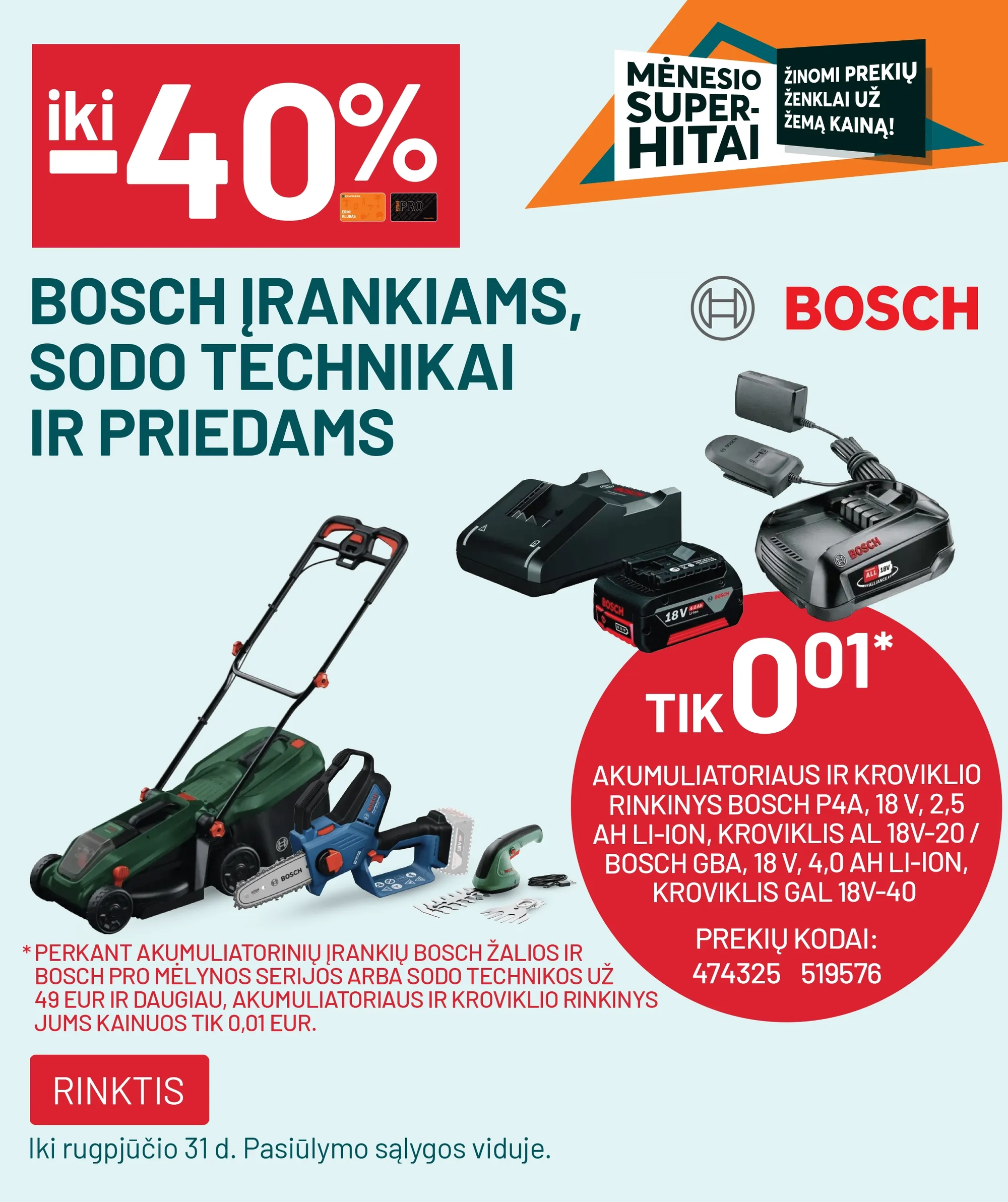 iki -40% BOSCH įrankiams, sodo technikai ir priedams + akumai