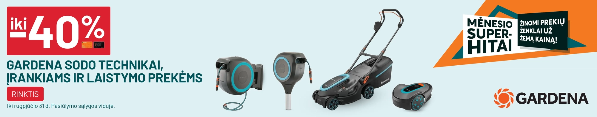 iki -40% GARDENA sodo technikai, įrankiams ir laistymo prekėms