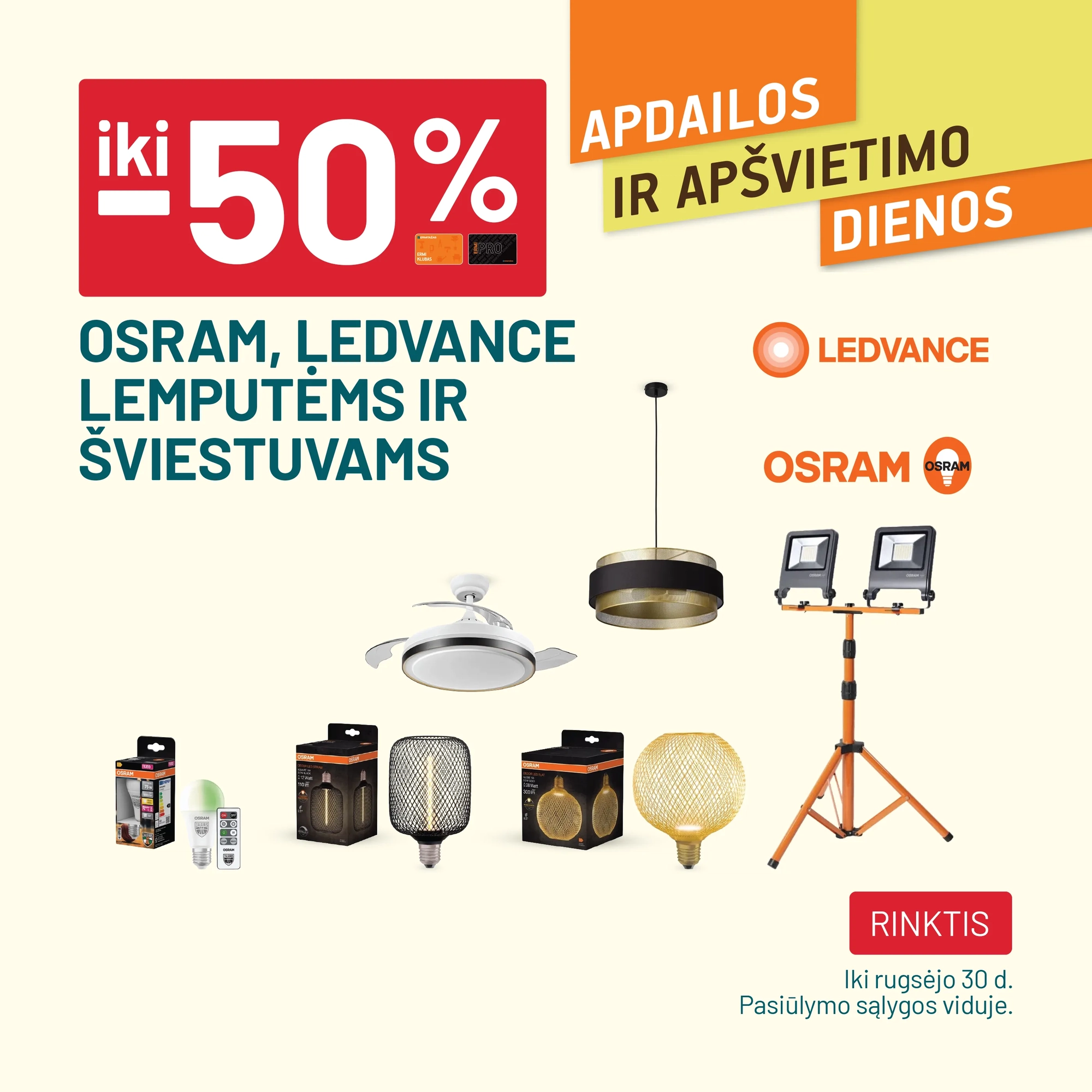 iki -50% OSRAM, LEDVANCE lemputėms ir šviestuvams
