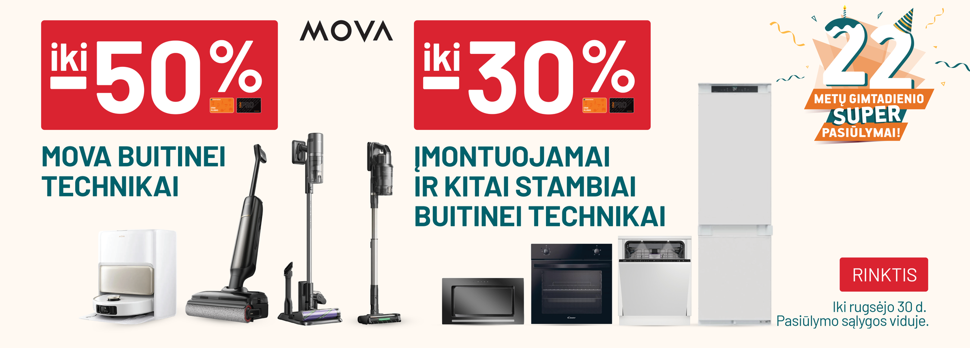  iki -50% MOVA buitinei technikai / iki -30% Įmontuojamai ir kitai stambiai buitinei technikai	