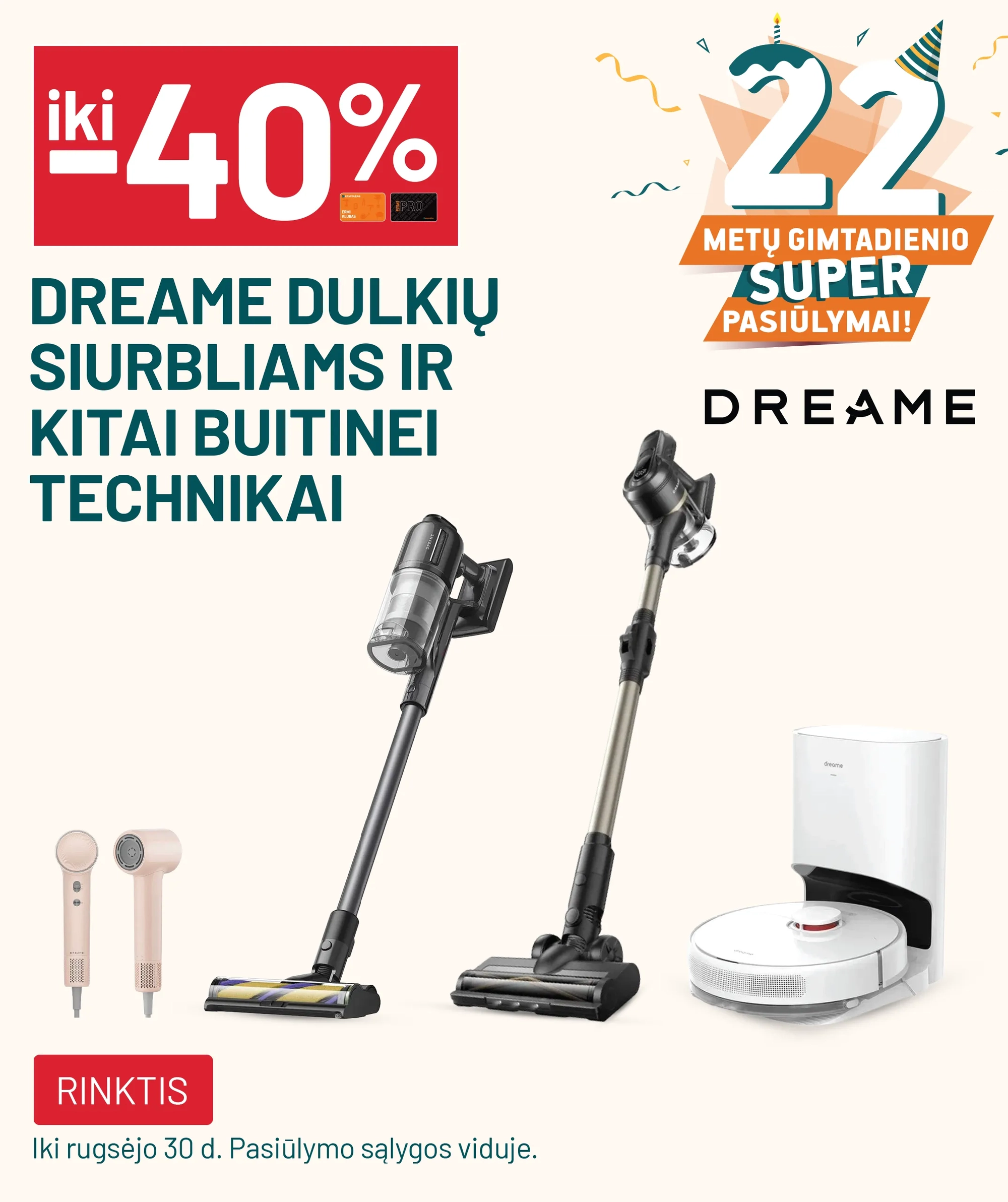 iki -40% DREAME dulkių siurbliams ir kitai buitinei technikai