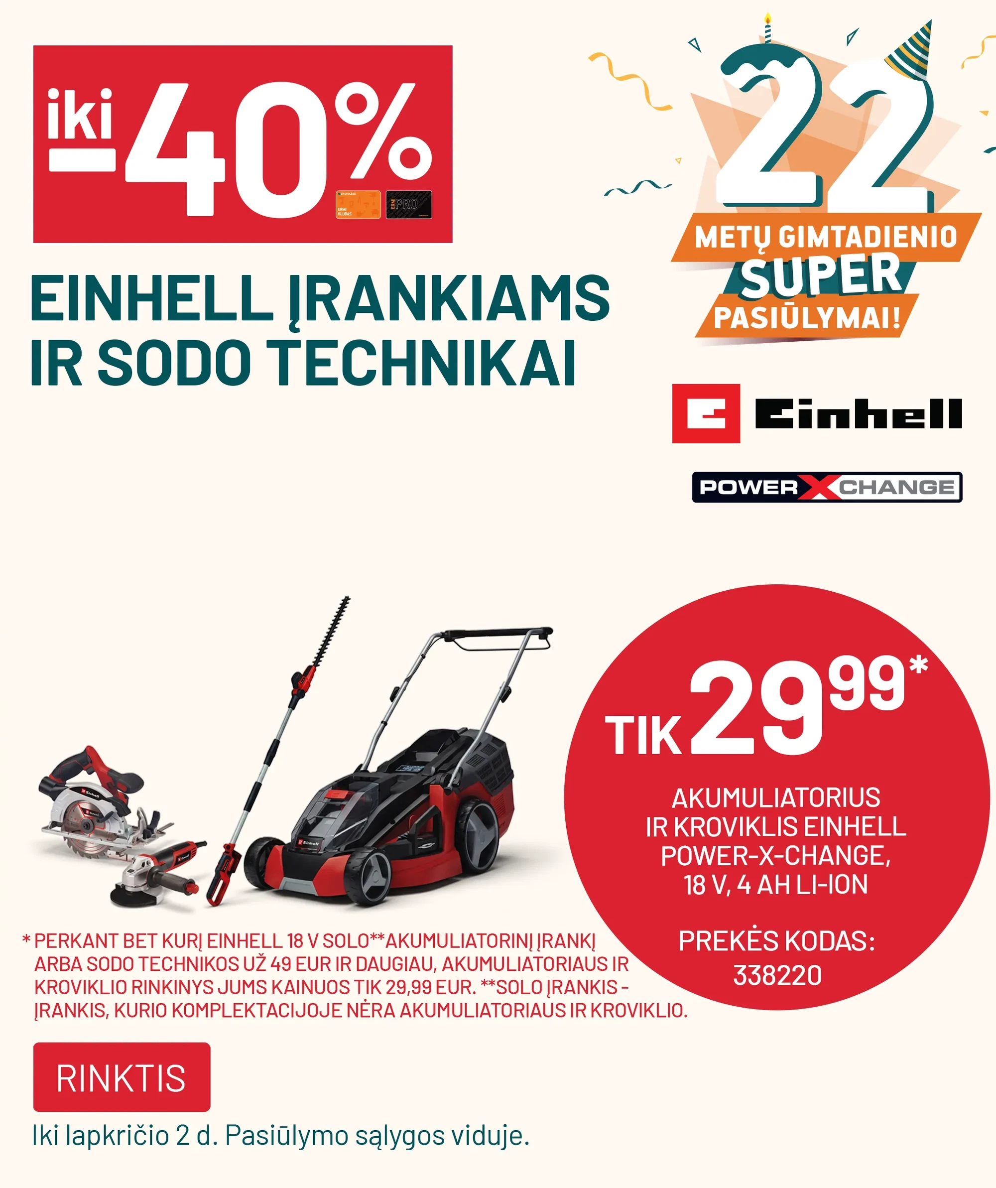 iki -40% EINHELL įrankiams ir sodo technikai